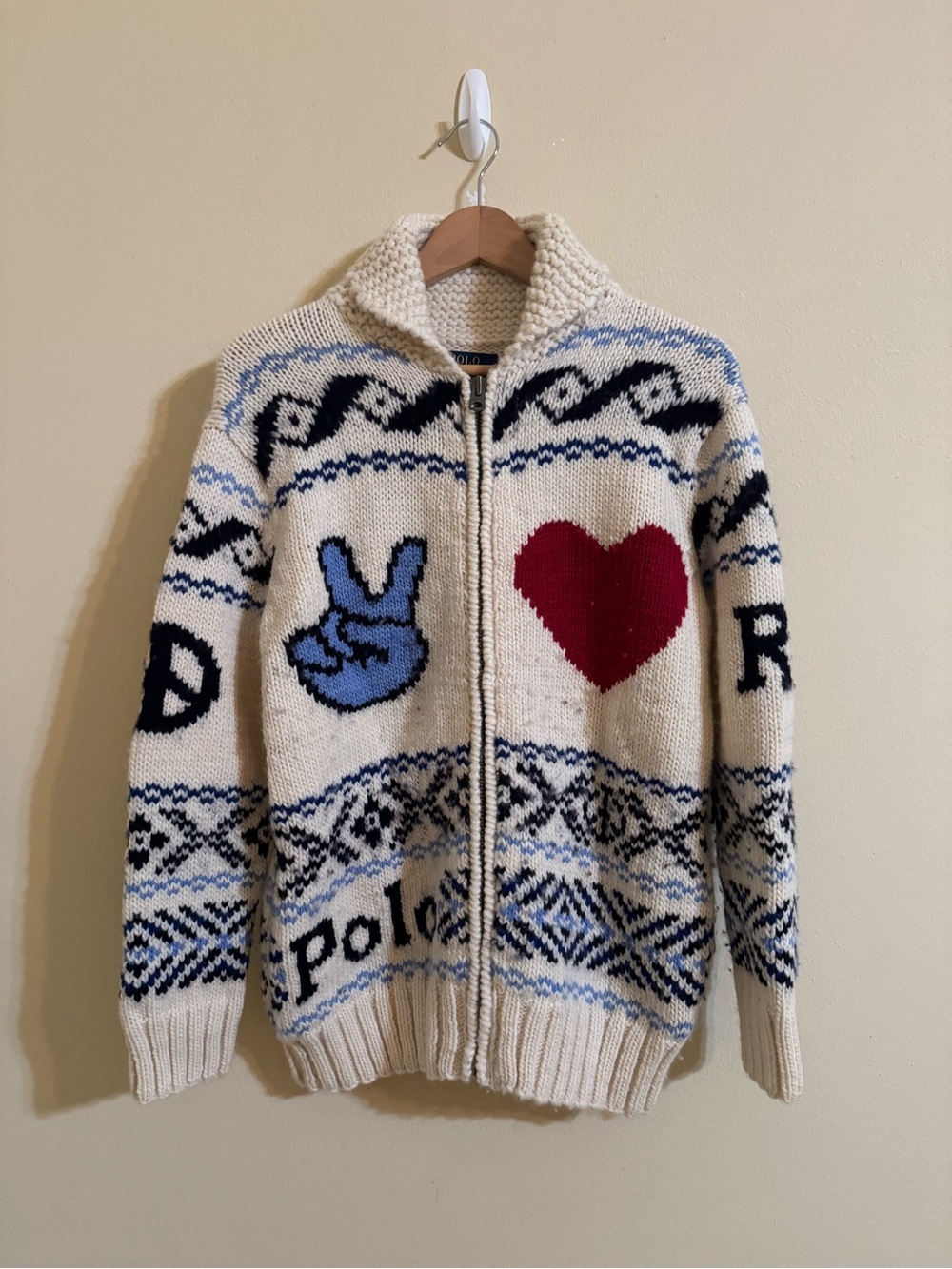 Polo Ralph Lauren Peace Love Together Cardigan Sweater Full Zip Wool Cream XS